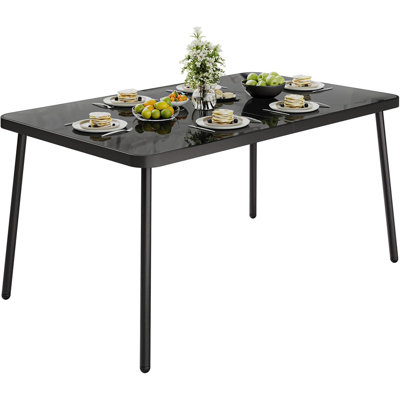 59" Tempered Glass Patio Table with Metal Frame, 4-6 Person Outdoor Dining Table for Poolside, Black