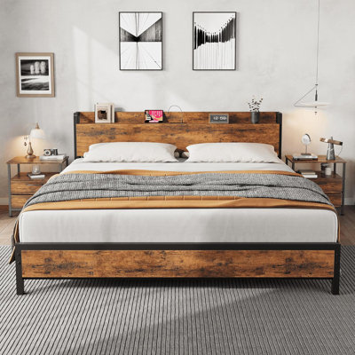 Industrial Full/Queen/King Bed Frame with Charging Station & Storage - Rustic Brown, No Box Spring Needed