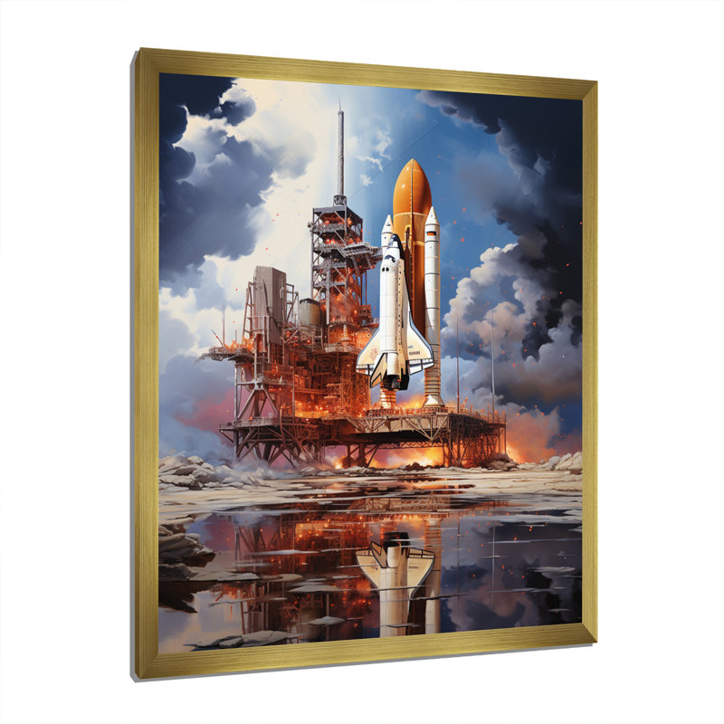 «Rocketship Reflection On Water II», reproduction d'art sur fusée, H 44 po x l 34 po x P 1,5 po, Encadrement doré