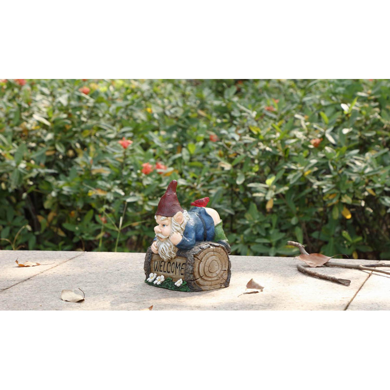  Welcome Sign Gnome Crawling over Tree Trunk Statue