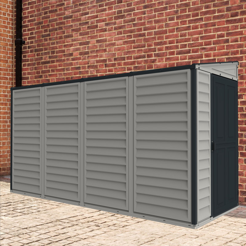 Durable Gray Vinyl Lean-To Storage Shed with Shelving Kit