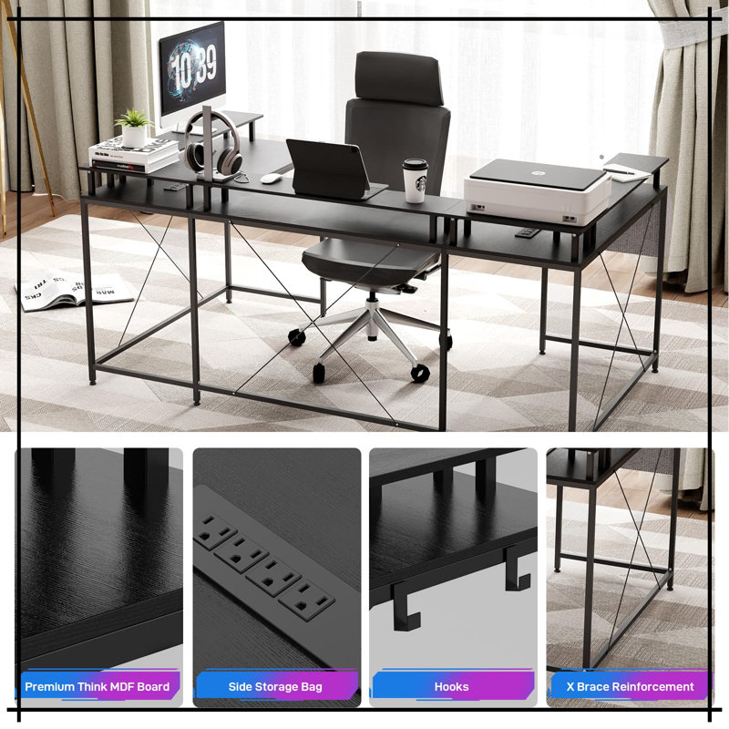 Bureau de jeu en U avec lumières DEL, prises de courant et ports USB, bureau d'ordinateur en L réversible avec support pour moniteur et tablettes