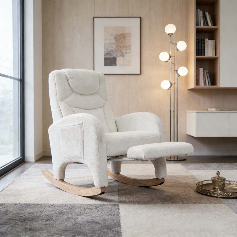 Chaise berçante avec repose-pieds réglable, Ours en peluche ivoire