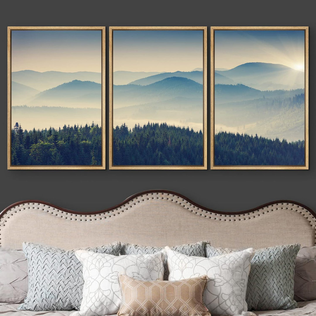Nature Landscape " Mountain Shrouded In Mist At Sunrise Carpathian Ukraine Europe " 3 - Pieces IDEA4WALL Overall 