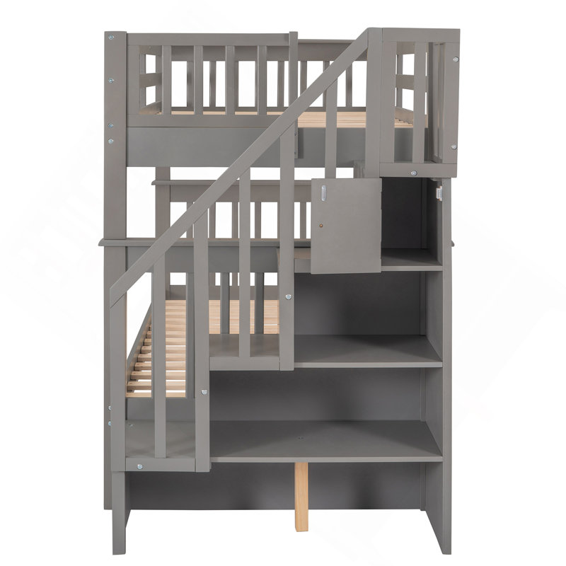 Lit superposé simple au-dessus de simple avec rangement et barrière de sécurité pour chambre à coucher, dortoir, Gris