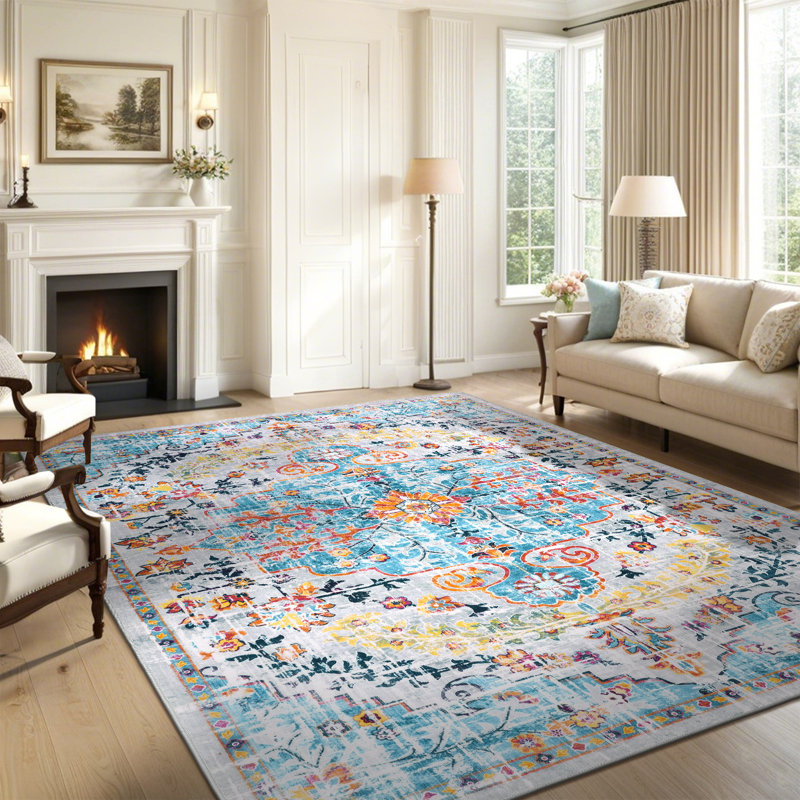 Non-Slip Machine Washable Red/Teal/Gray Oriental Area Rug, Rectangle 8' x 10'