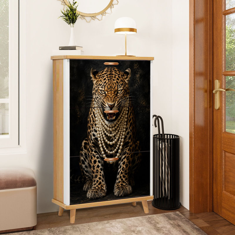 Meuble à chaussures à 3 tiroirs rabattables, motif léopard majestueux et perles, luxueux portrait animalier, étagère à chaussures sur pied mince et élégante, placard en bois étroit et dissimulé pour entrée, couloir, hall d'entrée, dressing, appartement, petit espace