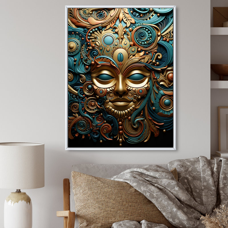 Impression sur toile encadrée sur fond bleu, bleu sarcelle et chevrons, H 32 po x l 16 po x P 1 po, Cadre flottant blanc