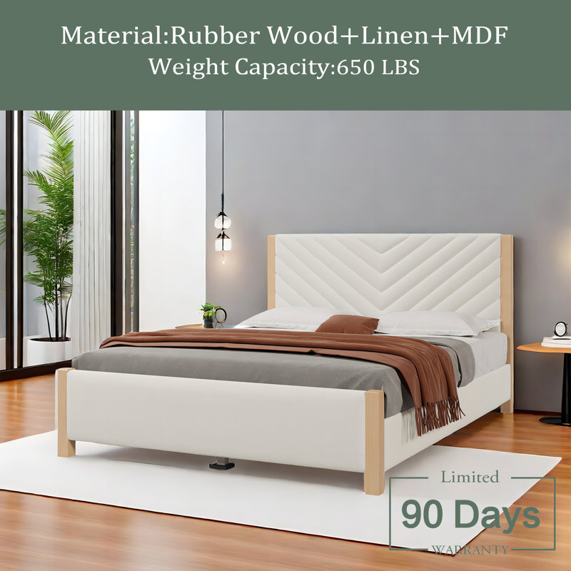 Base de lit tapissier moderne de style moderne Mid-Century avec tête de lit capitonnée et pieds en bois massif, aucun sommier nécessaire