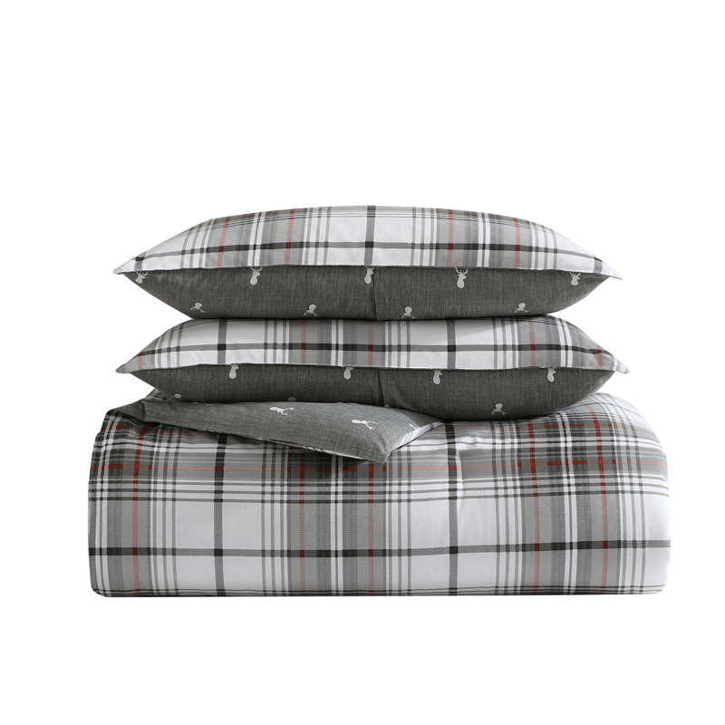 Queen Gray and Red Plaid Cotton Duvet Cover Set