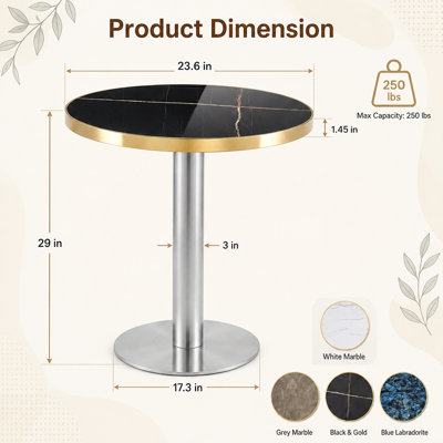 Panneau de fibres à densité moyenne rond de 23,6 po recouvert d'un comptoir de peinture UV, texture marbre, bordure en acier inoxydable, pieds de table en métal, table basse moderne et luxueuse.