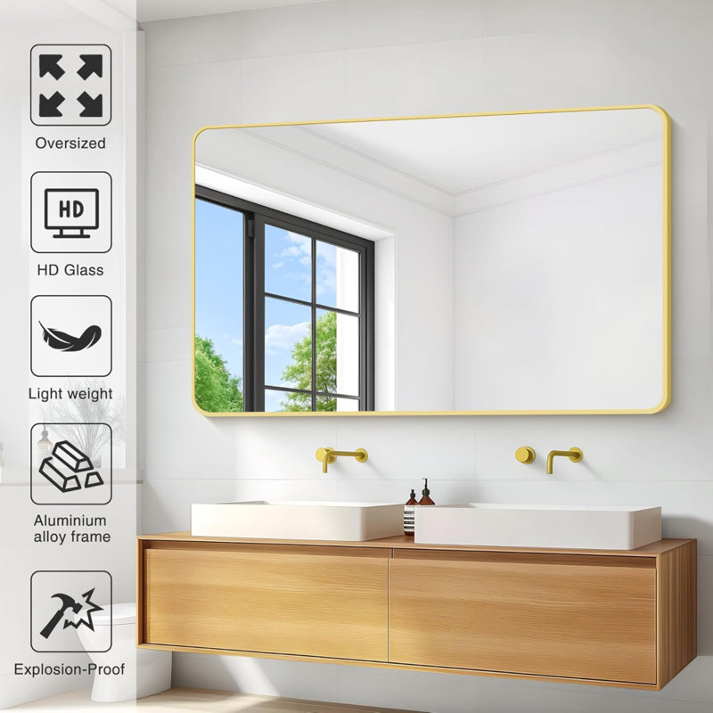 Miroir de salle de bain, grand miroir rectangulaire, miroir mural rectangulaire, miroir de meuble-lavabo de coin arrondi avec cadre en aluminium