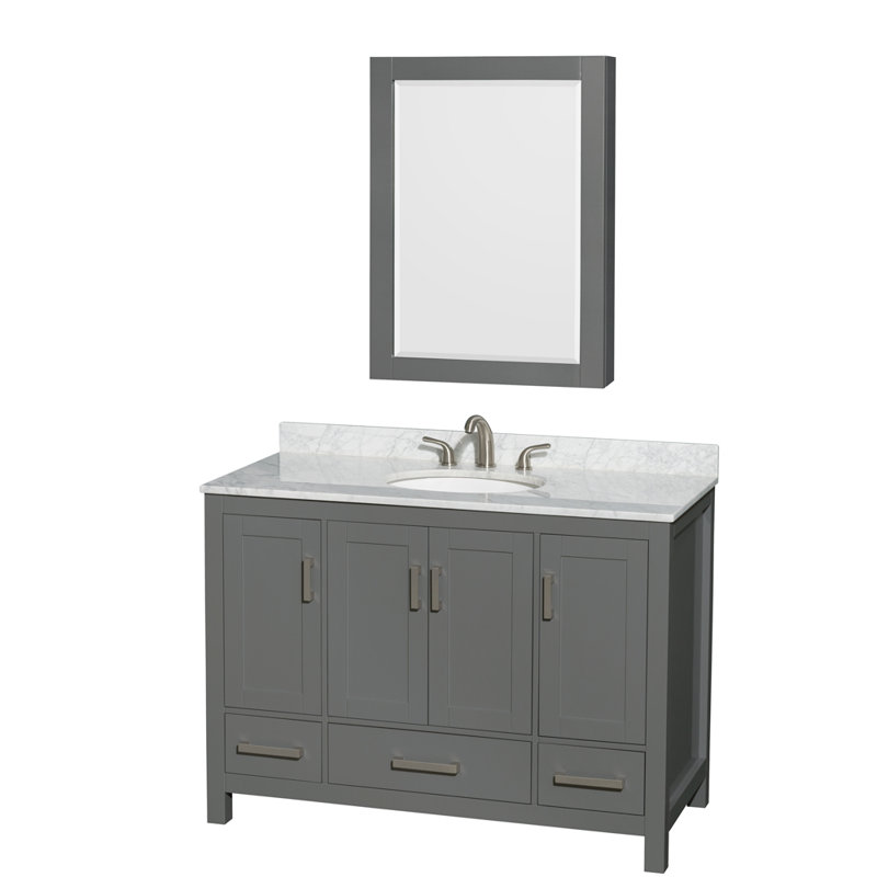 Meuble-lavabo simple autoportant avec plateau en marbre Sheffield, Gris foncé, Marbre de Carrare blanc