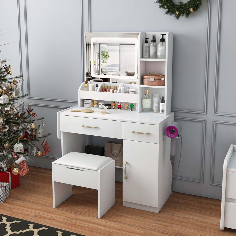 Vanity Desk with LED Mirror, Power Outlet, and Storage Stool, White