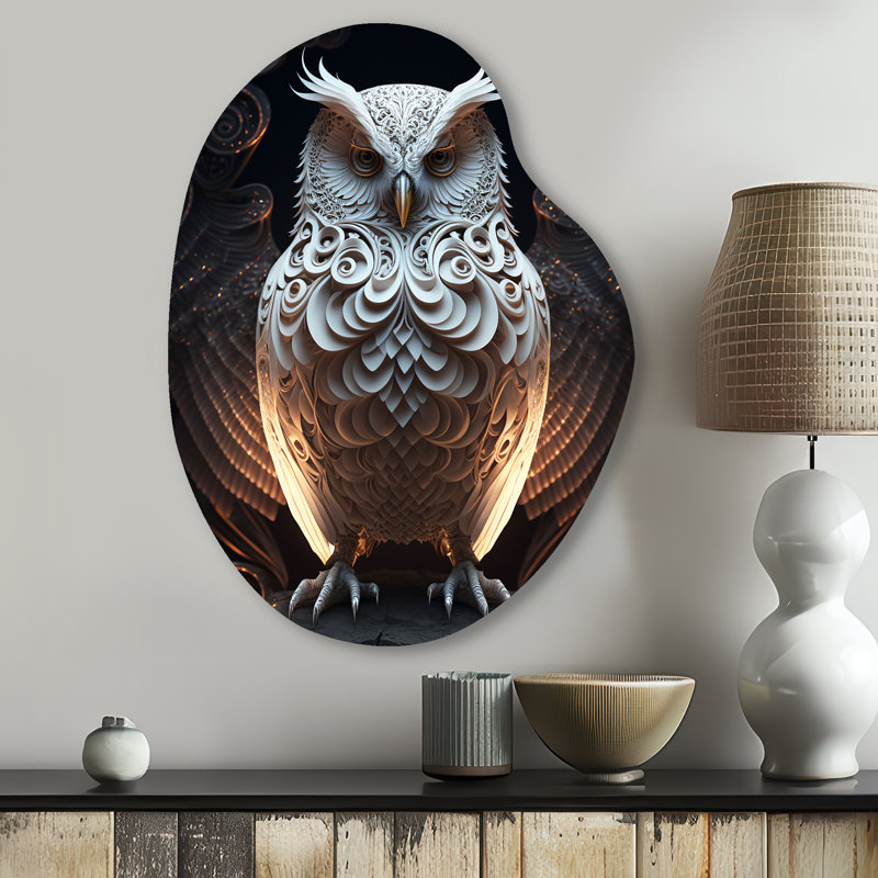 Lumineux hibou blanc I - animaux hibou en forme de poire, art mural en métal asymétrique, H 30 po x l 22 po