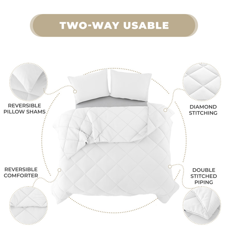 Down Alternative Microfiber Reversible Comforter Set - 3 Pcs All Season Diamond Pattern Comforter with Shams, White, KIng