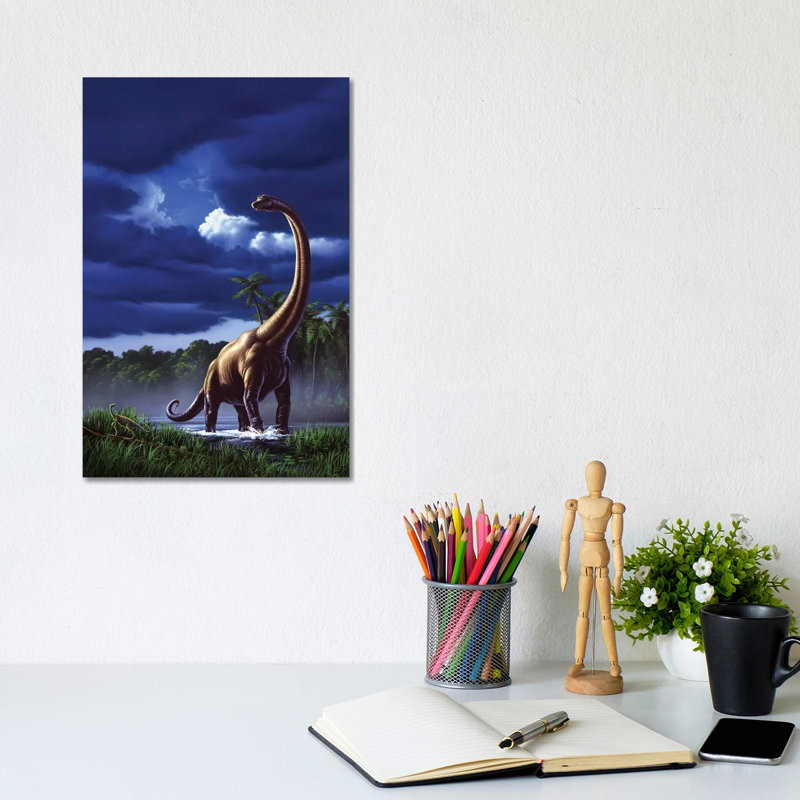 A Startled Brachiosaurus Splashes Through A Swamp Against A Stormy Sky by Jerry LoFaro - Wrapped Canvas Gallery-Wrapped Canvas Giclée