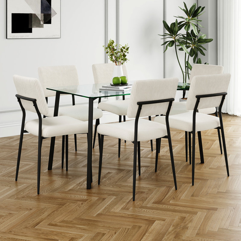 Table carrée en verre trempé avec 6 chaises, structure en métal noir, pour le salon et la salle à manger, style rectangulaire élégant et pieds, cuisine, construction