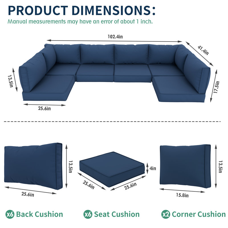 14 Piece Outdoor Sectional Cushions,Water-Resistant Patio Funiture Sectional Cushion Fits 6-seat Rattan Conversation Set Sofa Seat / Back Cushion (Including 4" High Density Foam )
