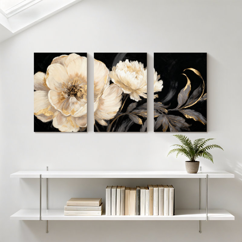 Pivoine fleurs blanches avec accents dorés sur fond noir, ensemble de 3 impressions sur toile, H 18 po x l 36 po