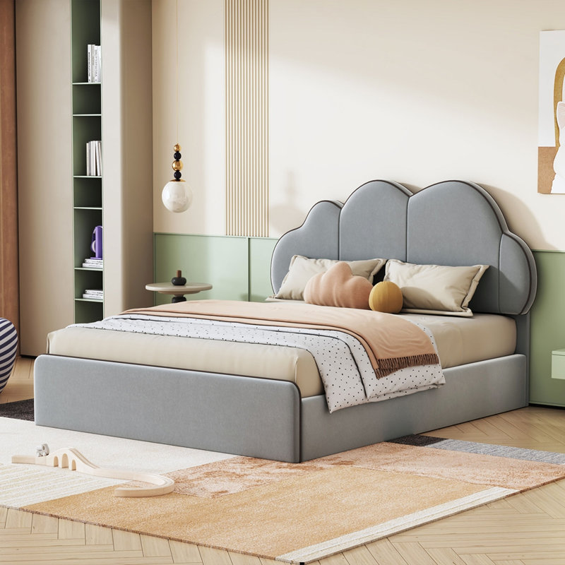 Lit plateforme tapissier avec tête de lit en forme de nuage, Beige