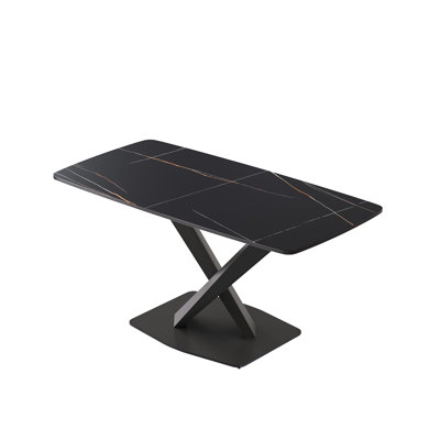 Modern Sintered Stone Dining Table With Metal X, Accommodates 6 Guests, High Hardness, , Finish Rectangular In Style, Surface, Seats 6, Heat-, Easy To