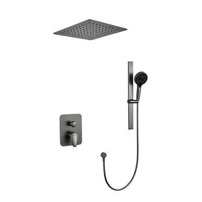 0Ontz Brushed Gray Concealed Shower System With Slide Bar, Solid Brass 2-Function Wall Shower Set, Square High Pressure Rain Overhead Shower & 4-Mode Round Handheld Shower, Dual Handle Hot Cold Mixer Trim Kit For Bathroom