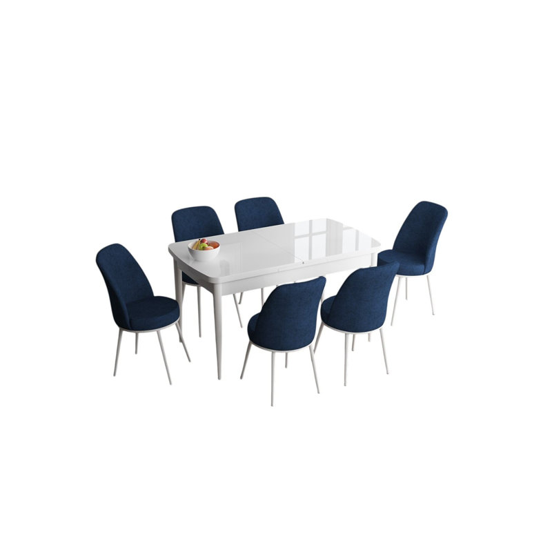Ensemble de table et chaises de salle à manger extensible (7 pièces), H 30,7 po x l 44,9 po x P 27,6 po, Blanc, Marine