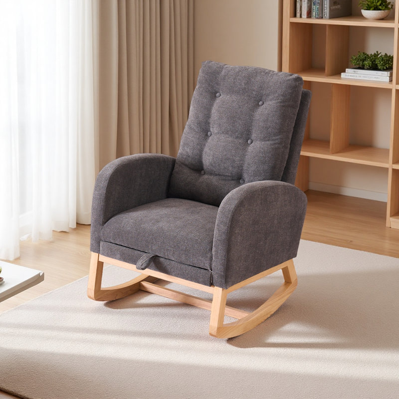 Chaise berçante décorative avec repose-pieds et pieds en bois d'hévéa à haut dossier