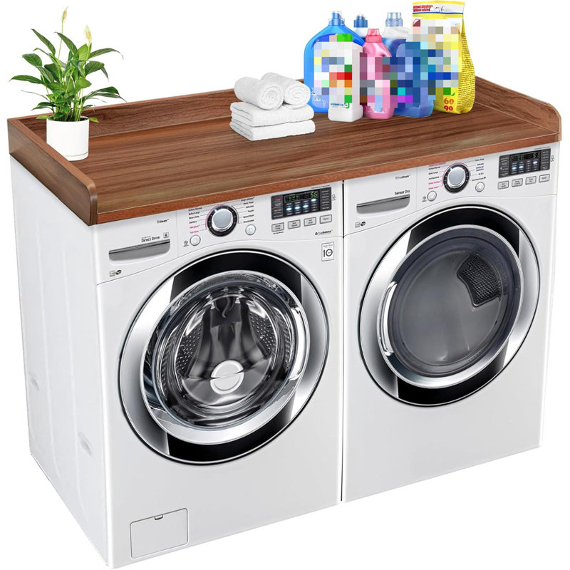 Washer Dryer Countertop Solid Wood With Polyester Coating, Laundry Countertop With Edge Rails，Walnut