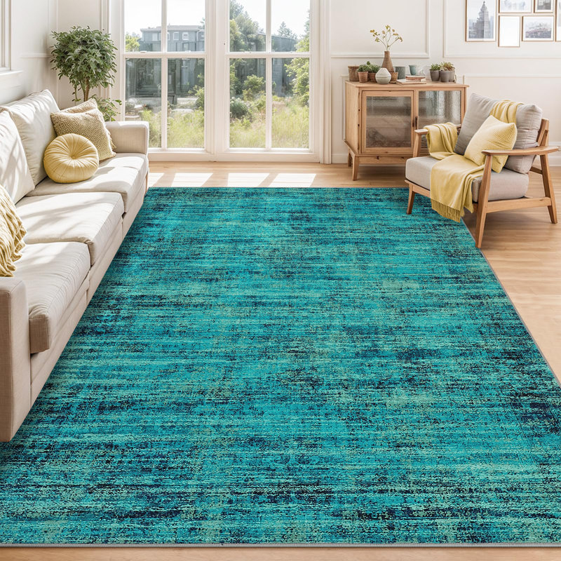 Washable Area Rug, Vintage Distressed Low Pile Non-Slip Foldable Retro Abstract Indoor Floor Carpet, Turquoise, 4'x6', Teal