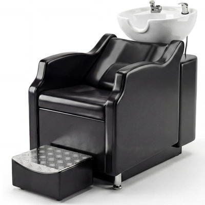 Heavy Duty Shampoo Chair with Deep Ceramic Bowl – 450 lbs Capacity – Footrest, PU Leather – Dual Plumbing – Easy Assembly – For Salon, Spa, Home – Electrosilver White Basin, Black