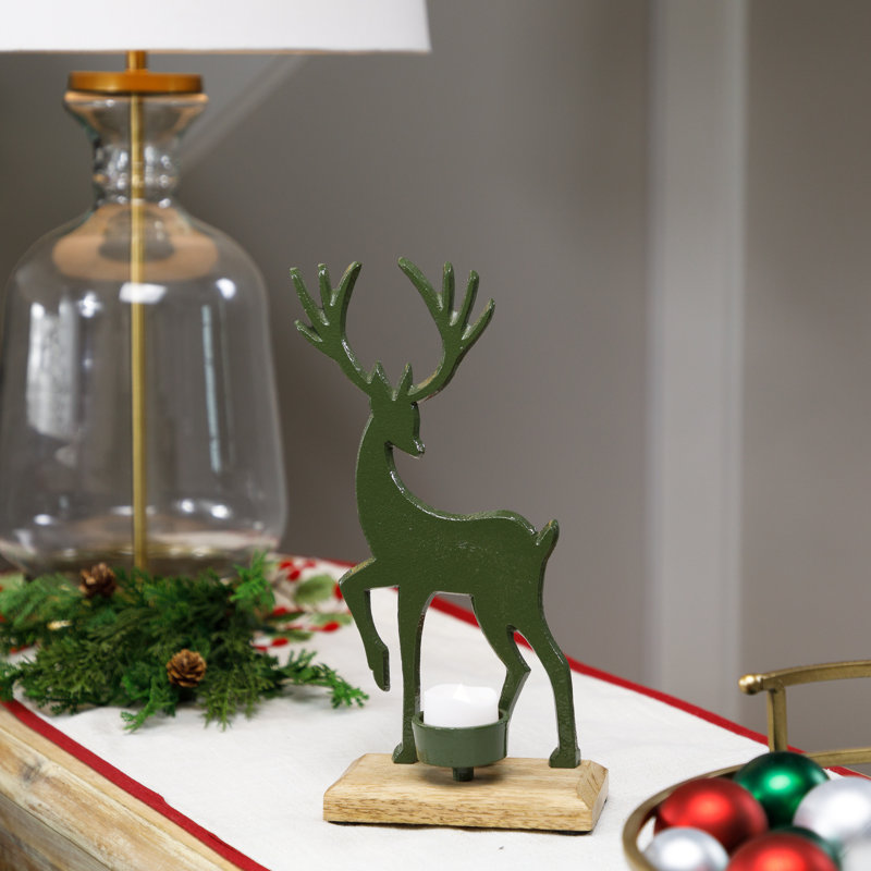 Reindeer And Tree Metal Christmas Tealight Holder, Green, 10.5" H x 6.5" W x 3" D