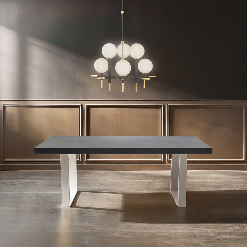 Sawicki Elm Rectangular Wood Top Dining Table with Stainless Steel Base, Black