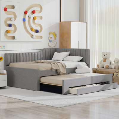 Full Size Upholstered Daybed with Trundle and 3 Storage Drawers, Linen Fabric Sofa Bed, Guest Bed for Small Spaces, Gray