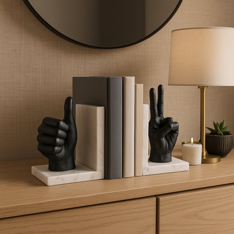 Decorative Thumbs-Up and Peace Hand Sign Bookends - Modern Home Decor Book Ends for Bookshelf and Desk Decor - Set of 2, 8"