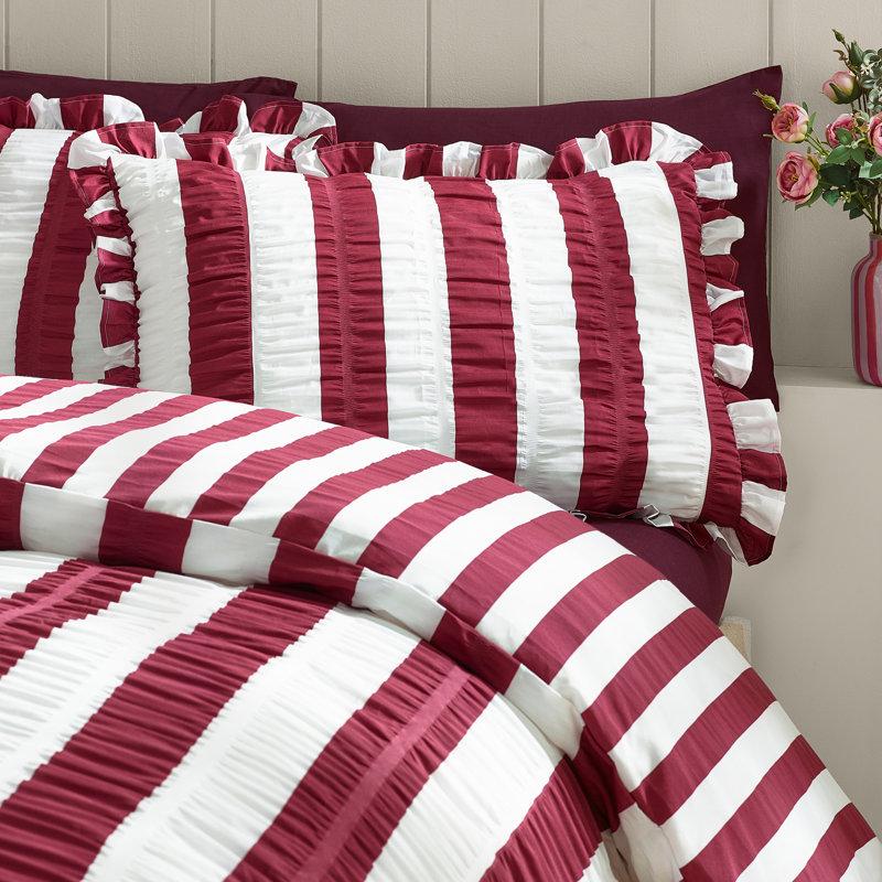 Seersucker Frill Stripe Duvet Cover Set, Double, Plum
