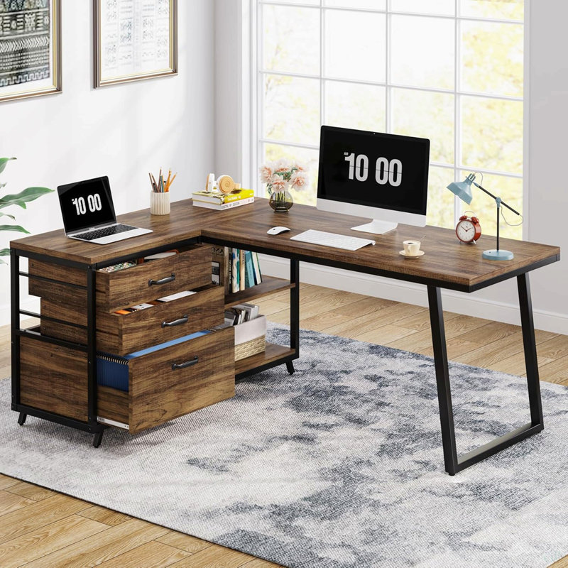 Bureau d'ordinateur en L réversible de 53 po avec 3 tiroirs et tablettes de rangement, bureau de coin industriel avec classeur, poste de travail compact pour petites pièces, brun rustique