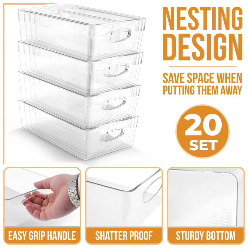 20 Pack Clear Plastic Storage Bins with Handles for Shelves