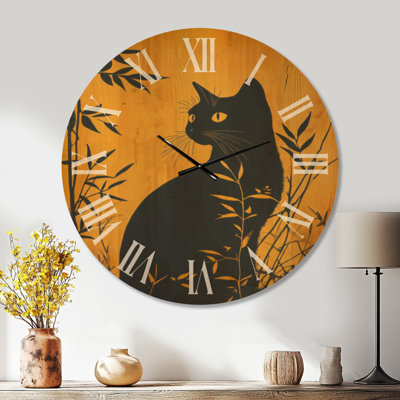 Horloge murale asiatique en bois Golden Hour Black Cat - Grande horloge murale en bois