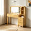Coiffeuse en bois cannelée avec grand miroir, coiffeuse à 4 tiroirs avec armoire de rangement et station de charge pour chambre à coucher, naturel