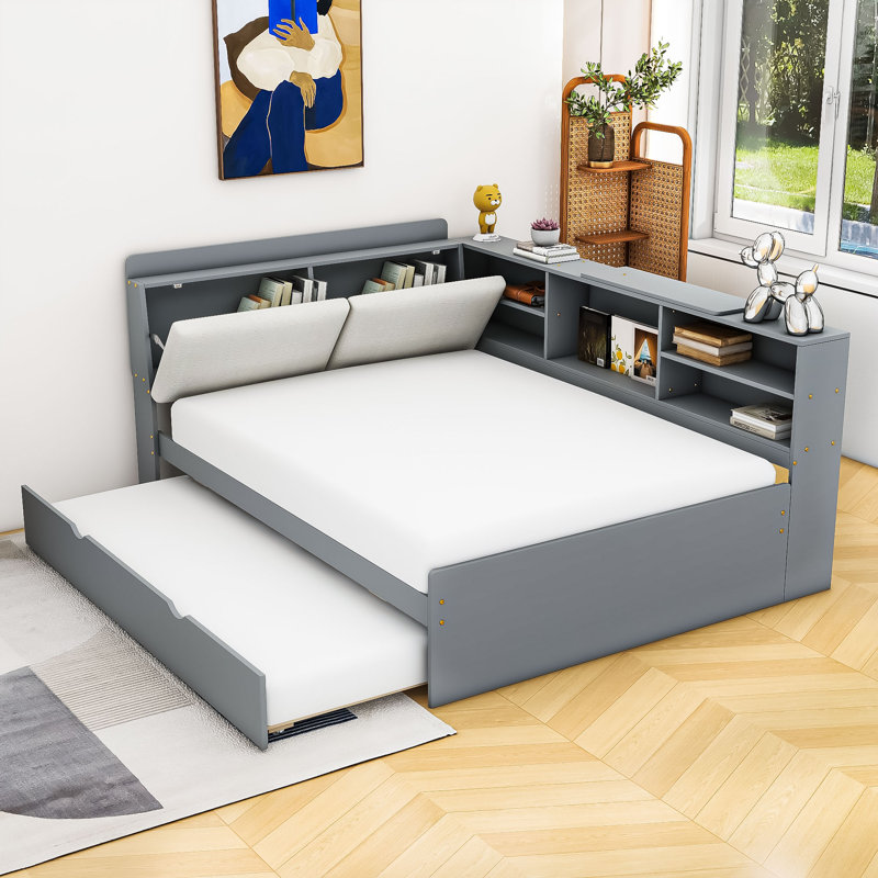 Lit plateforme en bois avec lit gigogne simple Harlow, Double, Gris