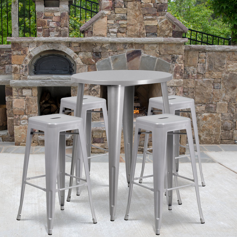 Ensemble de tables de bar rondes intérieur / extérieur en métal 30 po avec 4 tabourets sans dossier Colbert, Argent