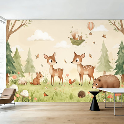 Animals Kids Peel and Stick Wallpaper Cute Woodland Animals Forest Scene Deer Fox Rabbit Bear Squirrel Wall Murals 100"H x 144"W Removable PVC Wall Paper Self-Adhesive Wall Decor for Bedroom Living Room Nursery