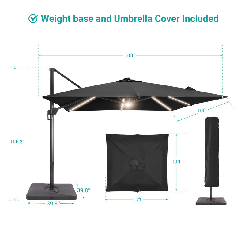 Parasol en porte-à-faux carré avec base lestée 120 po Rilie, Noir