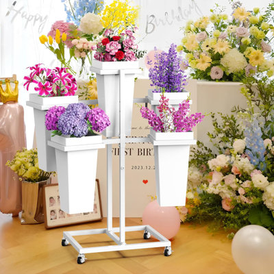 Flower Display Stand With Buckets Wedding Flower Cart With Wheels, White Flower Pot Stand, Moving Florist Bouquet Shelf For Weddings Party Bridal Show by 17 Stories