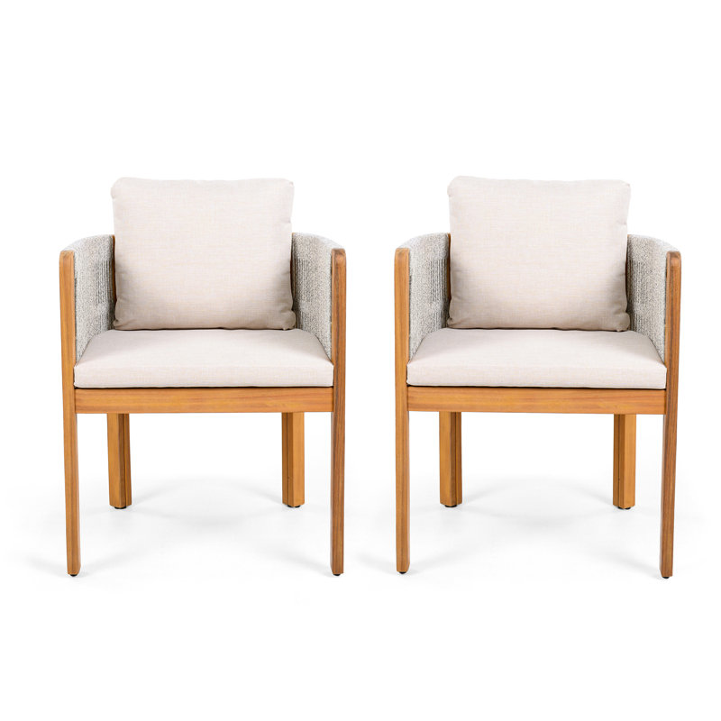 Ensemble de 2 chaises de salle à manger d'extérieur en bois d'acacia avec poignées en corde mélangées blanches, coussins lavables et imperméables beiges, capacité de 400 lb
