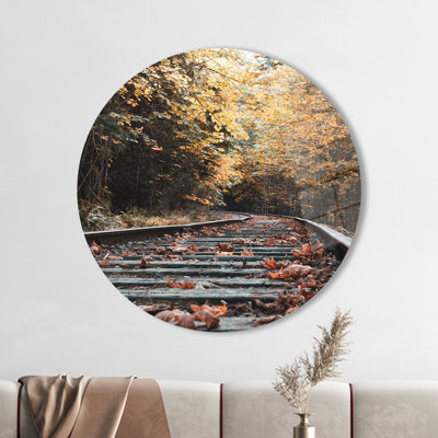 Décoration murale en verre trempé avec une impression de paysage serein de chemin de fer de la forêt idéale pour rehausser l'esthétique de votre espace de vie | Rond