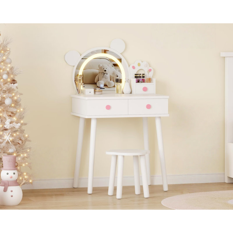 Kids Vanity Table with Lights,Cute Bear-Shaped Dressing Tables with Mirror&Storage Drawers,Wooden Princess Toddler Make Up Table Set,Pretend Play Vanity Sets for Little Girls