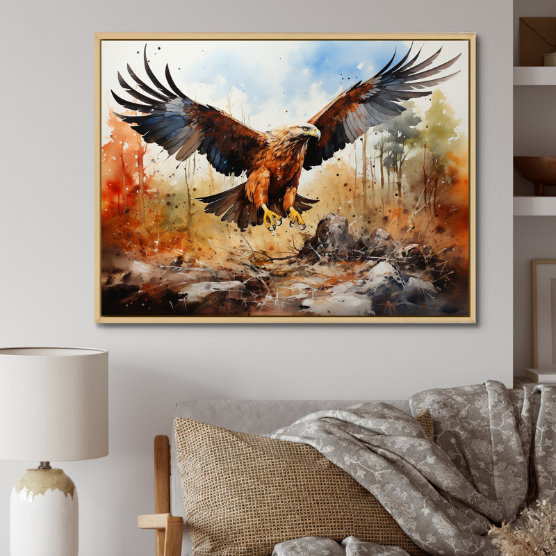 Aigle en vol chasse sur toile, Cadre naturel flottant, H 24 po x l 32 po x P 1 po
